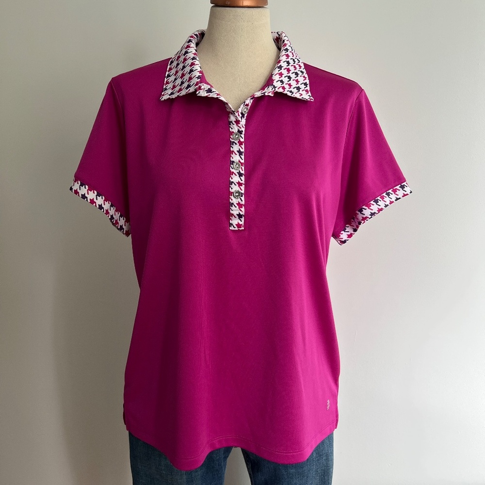 Izod Fuchsia Short Sleeve Polo with Houndstooth Trim